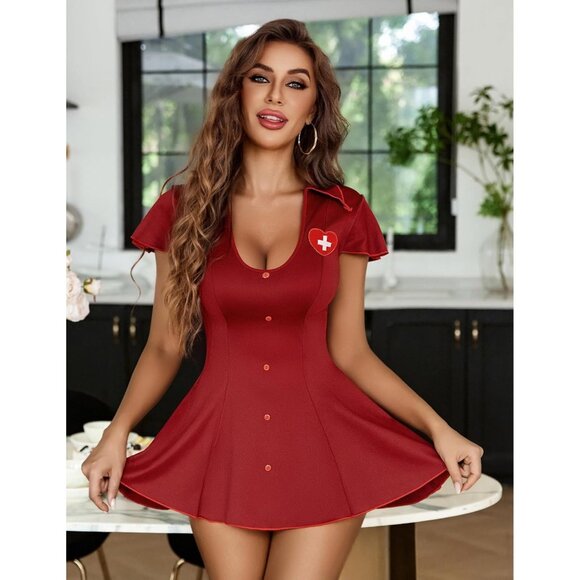 Sexy Lingerie Wine Red Women Babydoll Dress Neck Chemise Nightie Boudoir Outfit - Picture 4 of 6